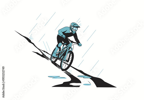 High contrast silhouette of mtb rider on wet rainy trail