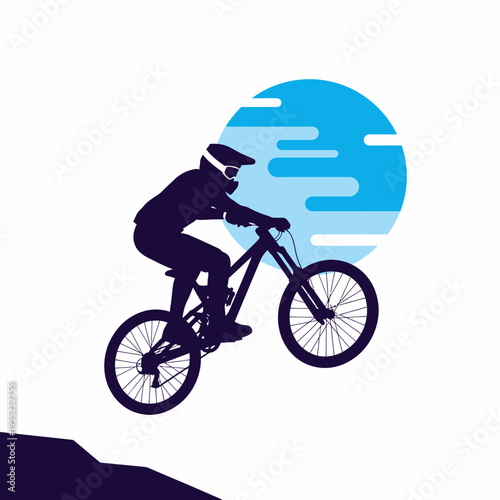 Cyclist silhouette jumping from cliff against abstract blue sun