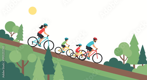 Happy family cycling together on forest trail illustration
