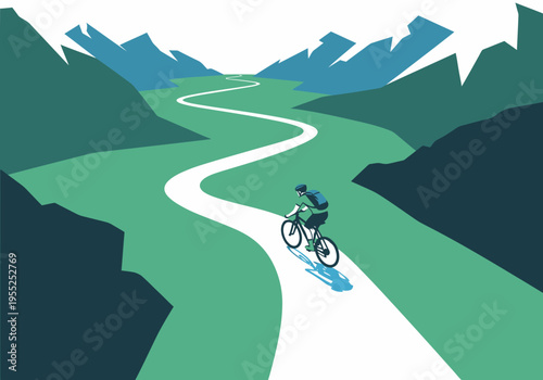 Cyclist with backpack riding on long winding valley road