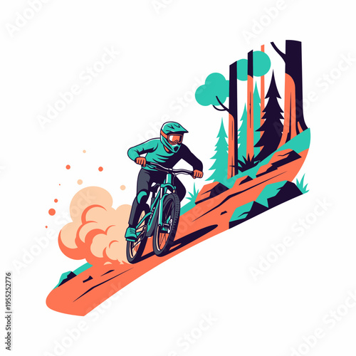 Mountain bike rider descending dusty forest trail