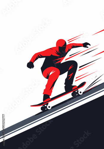 Skateboarder performing high speed tuck on steep descent