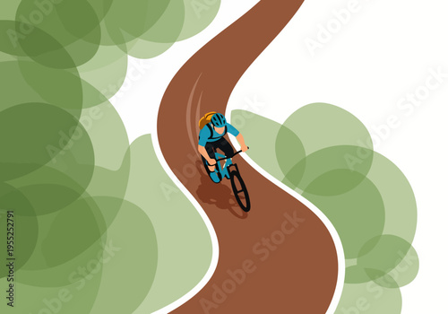 Top view of mountain biker on winding forest path
