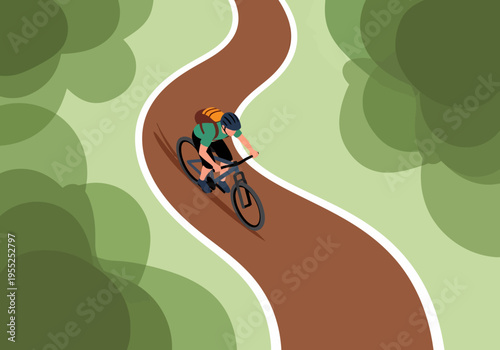 Aerial perspective of cyclist riding through green woods