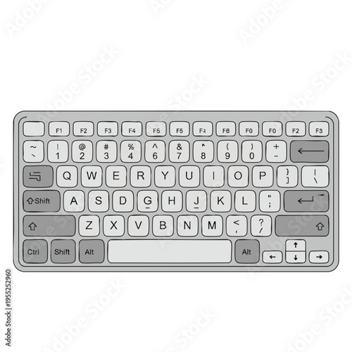 A top-down view of a grey flat keyboard with rounded keys and a white spacebar