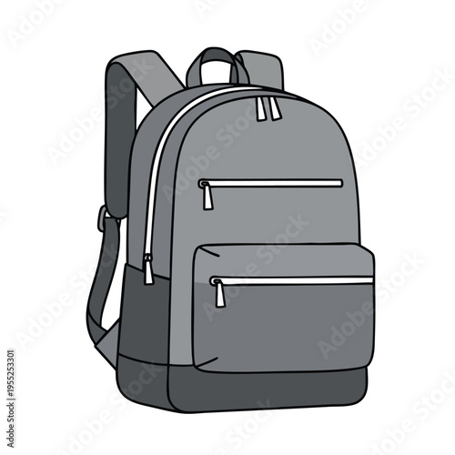A simple grey backpack with multiple zippered compartments and padded straps