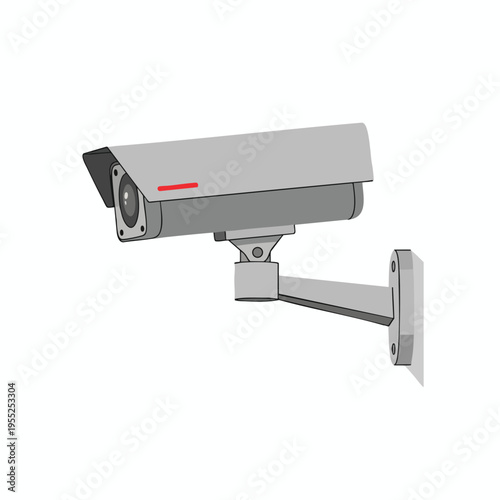 A gray outdoor security camera with a red accent line is mounted on a wall