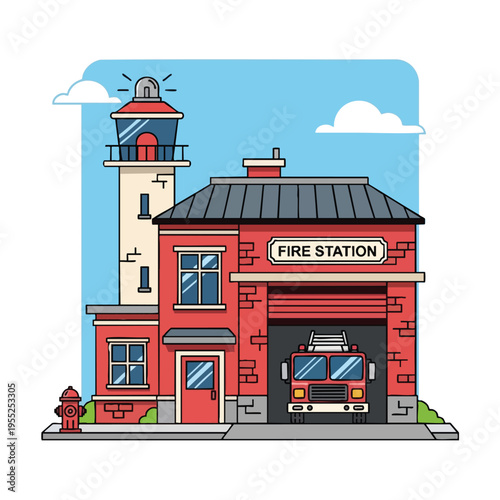 Cartoon fire station with truck, tower, siren, and clouds