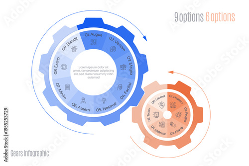 Gears diagram template with 9 options, infographic vector illustration.