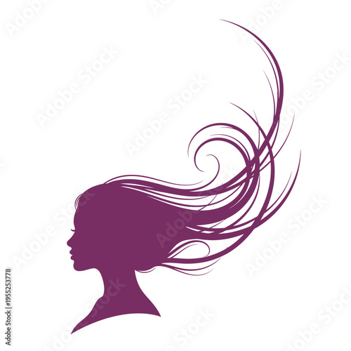 Woman's profile silhouette with long flowing purple hair