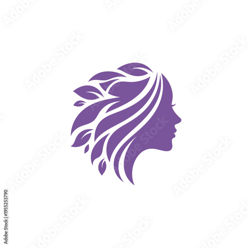 Woman profile silhouette with flowing leaf hair design