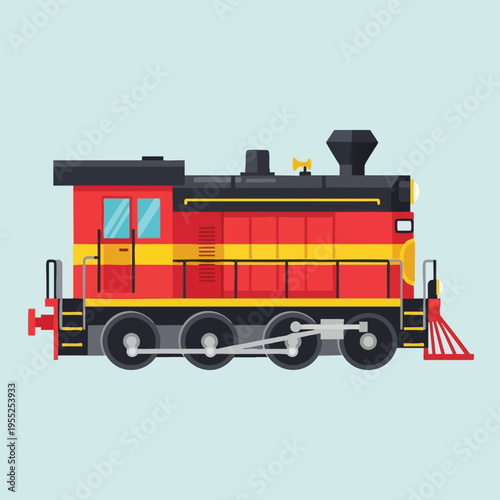 Detailed flat illustration of a red and yellow diesel engine train with dark gray accents
