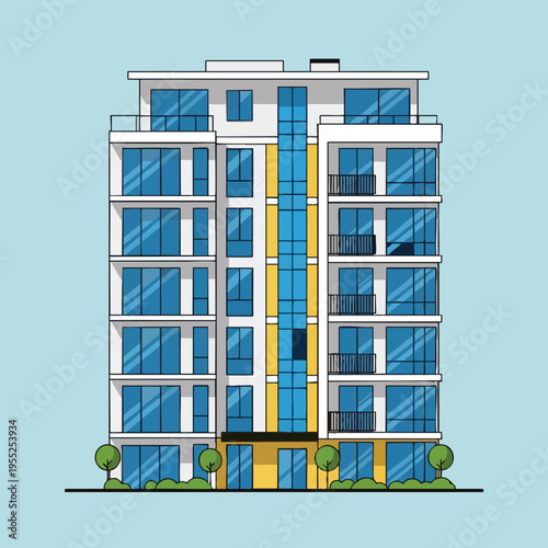 Modern high-rise residential building with balconies and large blue windows
