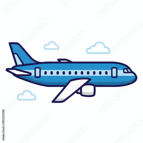 A stylized blue airplane flies through a sky with stylized white clouds