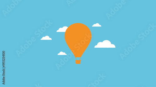 Orange hot air balloon flying in blue sky with clouds