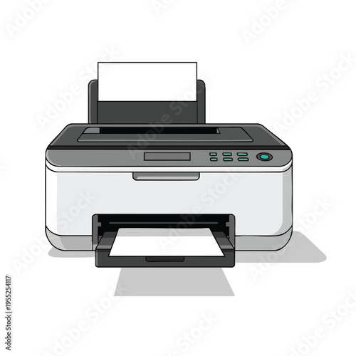 A grey and white printer with paper in the feeder and output tray