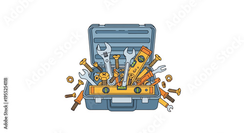 Open blue toolbox full of assorted repair tools and fasteners