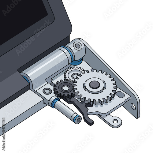 Detailed close-up of a laptop hinge mechanism with visible gears and support