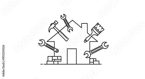 House outline with construction and repair tools line art
