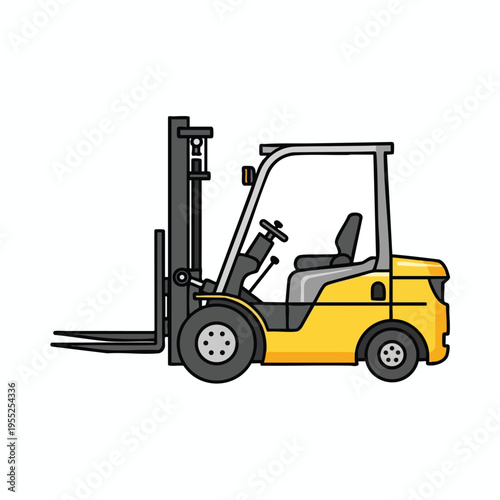 Yellow forklift with forks raised, detailed side view on white