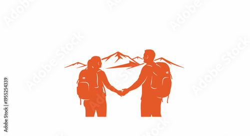 Hiking couple holding hands with mountains background
