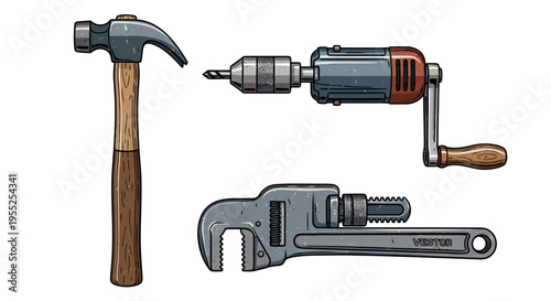 Illustration of hammer, hand drill, and adjustable wrench tools