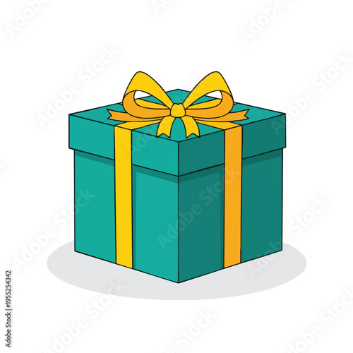 A teal cube-shaped gift box with yellow ribbon and bow sits on a grey shadow