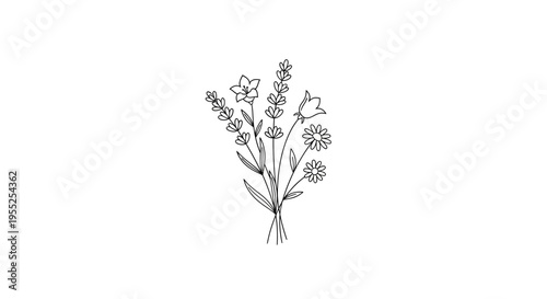 Hand drawn wildflower bouquet simple line art illustration