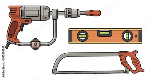 Hand tools collection including drill, level, and hacksaw on white.