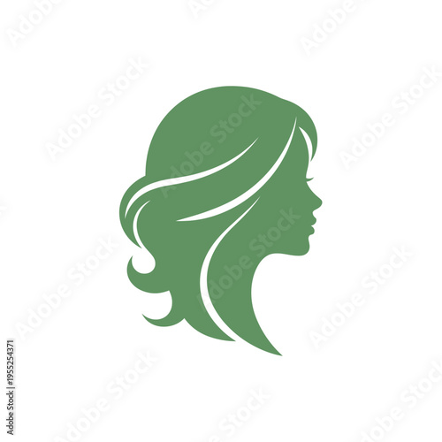 Green woman profile silhouette with natural leaf hair design