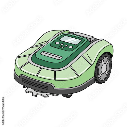 Sleek green automated lawn mower with digital display and cutting blade