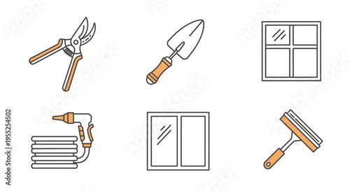 Gardening tools and cleaning equipment outline icons set