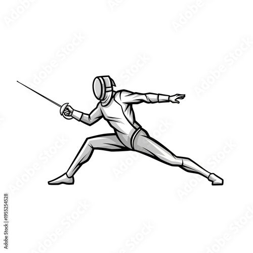 Fencer in protective gear lunging with sword during competition