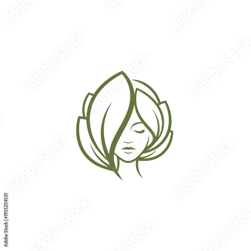 Feminine face with leaf hair nature beauty logo design