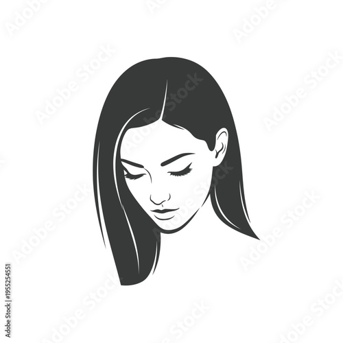 Elegant woman with long hair looking down, eyes closed