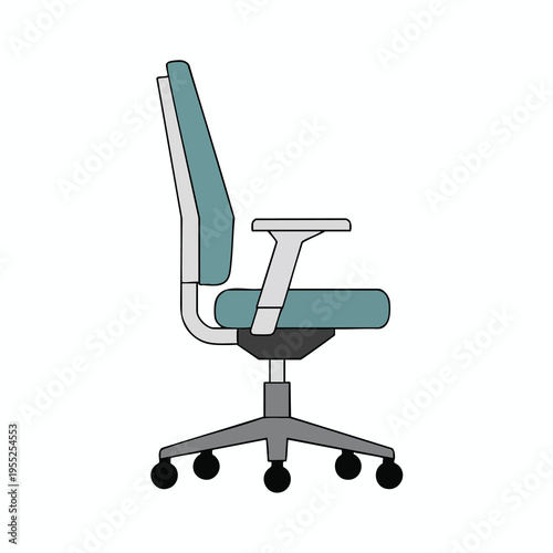 Modern office chair with blue cushion and gray frame, on casters