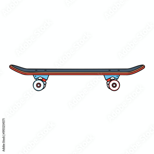 A colorful skateboard with a dark blue deck, orange and red stripes, and white and red wheels