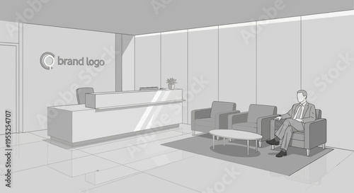 Businessman waiting in modern office reception area illustration