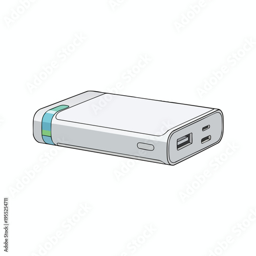 A white portable power bank with two USB ports and a green and blue indicator light