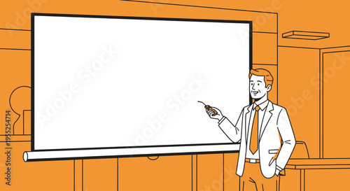 Businessman presenting with pointer in front of blank projection screen