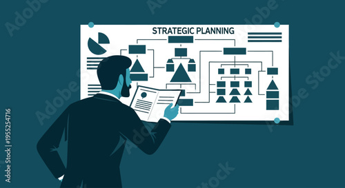 Businessman reviewing strategic planning chart on wall in office