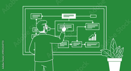 Businessman explaining data flowchart on whiteboard with plant