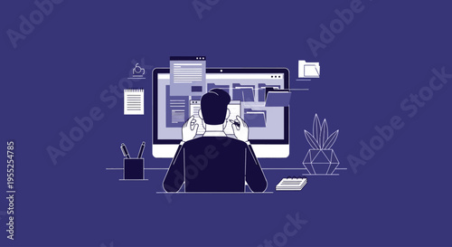 Businessman managing digital files and documents on desktop computer