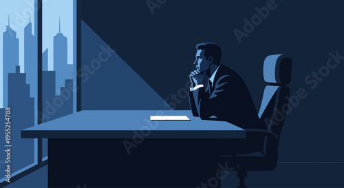 Businessman contemplating at desk in dark office overlooking city.