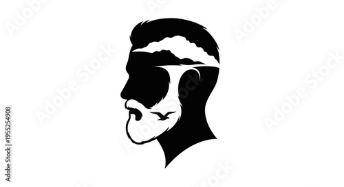 Bearded man profile silhouette with ocean waves, clouds, and birds