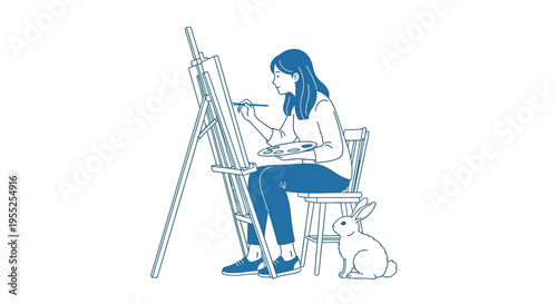 Artist woman painting on easel with rabbit in minimalist illustration