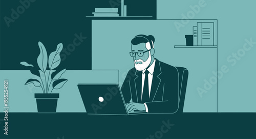 Bearded man in suit working on laptop with headset at desk
