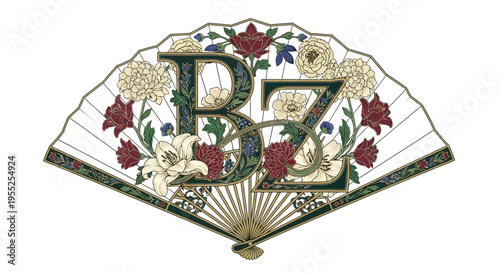 Art Nouveau hand fan with stylized floral BZ initials