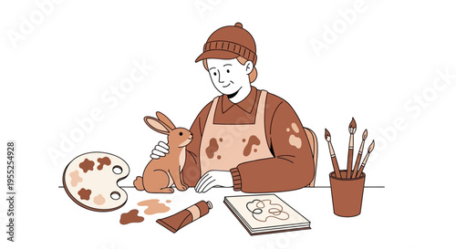 Artist with rabbit and art supplies on table