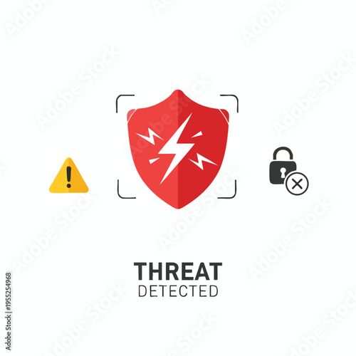 Security alert icons shield with lightning, caution triangle, locked padlock with 'x'